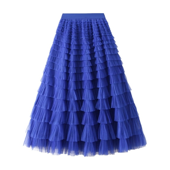 Women's A Line Pleated Long Tutu Skirt with Ruffle Mesh Chiffon High Waist Elegant Calf Length Flowy Feminine Fashion