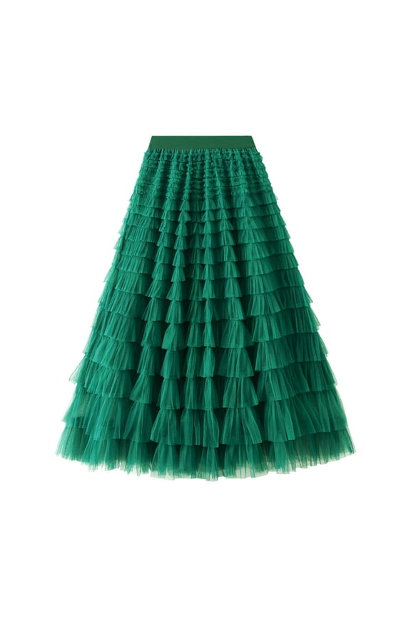 Women's A Line Pleated Long Tutu Skirt with Ruffle Mesh Chiffon High Waist Elegant Calf Length Flowy Feminine Fashion