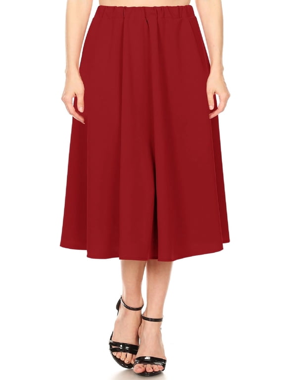 Women's A-Line Pleats High Waist Elastic Band Comfy Solid Midi Skirt S-3XL