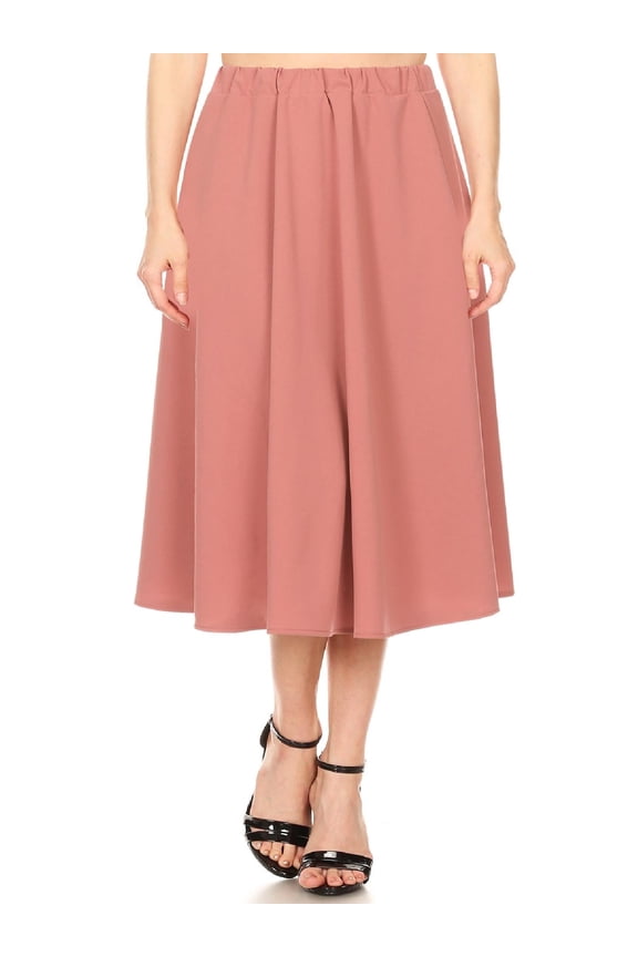 Women's A-Line Pleats High Waist Elastic Band Comfy Solid Midi Skirt S-3XL