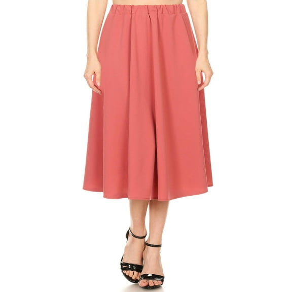 Women's A-Line Pleats High Waist Elastic Band Comfy Solid Midi Skirt S-3XL