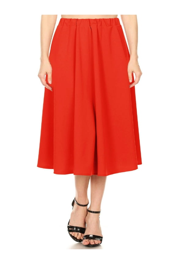 Women's A-Line Pleats High Waist Elastic Band Comfy Solid Midi Skirt S-3XL