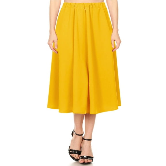 Women's A-Line Pleats High Waist Elastic Band Comfy Solid Midi Skirt S-3XL