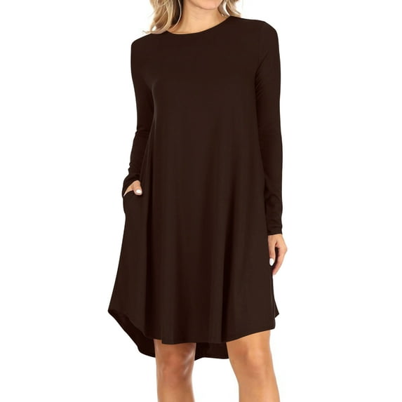 Women's A-Line Round Neck Long Sleeve Pockets Lightweight Solid Mini Midi Dress