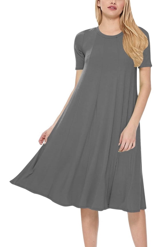 Women's A-Line Short Sleeve Loose Fit Jersey Knit Solid Midi Maternity Dress S-3XL
