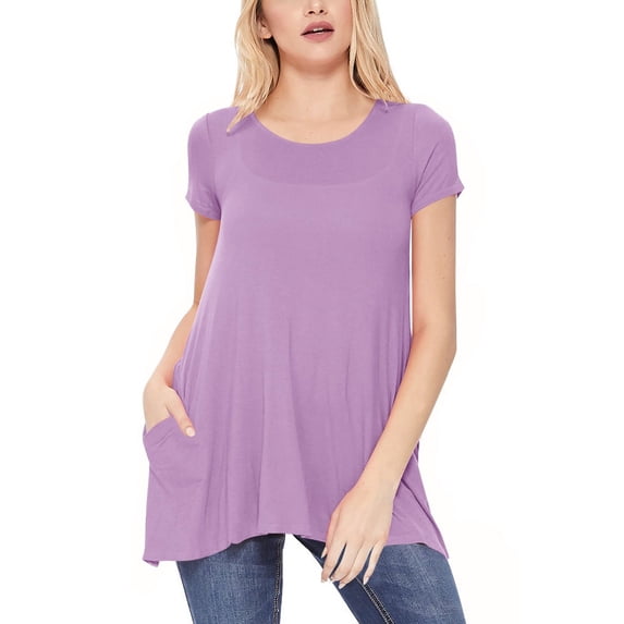 Women's A-Line Short Sleeve Relaxed Fit Round Neck Solid Tunic Top with Pockets