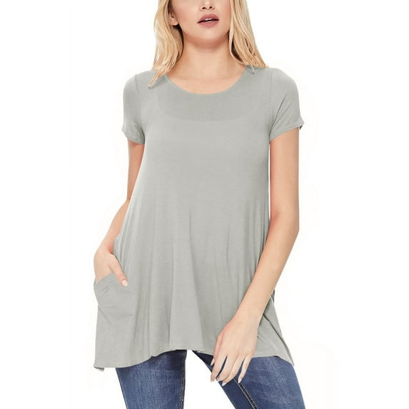 Women's A-Line Short Sleeve Relaxed Fit Round Neck Solid Tunic Top with Pockets