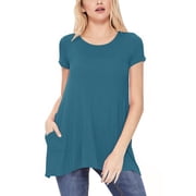 Women's A-Line Short Sleeve Relaxed Fit Round Neck Solid Tunic Top with Pockets