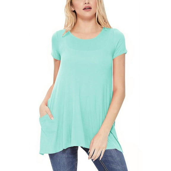 Women's A-Line Short Sleeve Relaxed Fit Round Neck Solid Tunic Top with Pockets