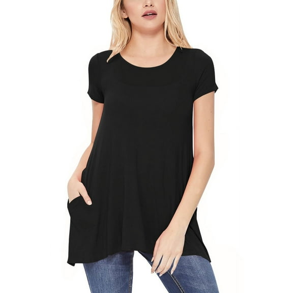 Women's A-Line Short Sleeve Relaxed Fit Round Neck Solid Tunic Top with Pockets