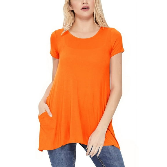 Women's A-Line Short Sleeve Relaxed Fit Round Neck Solid Tunic Top with Pockets
