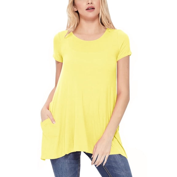 Women's A-Line Short Sleeve Relaxed Fit Round Neck Solid Tunic Top with Pockets