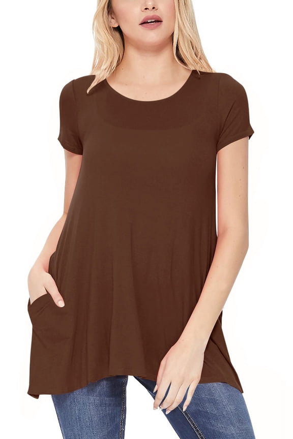 Women's A-Line Short Sleeve Relaxed Fit Round Neck Solid Tunic Tee Top with Pockets