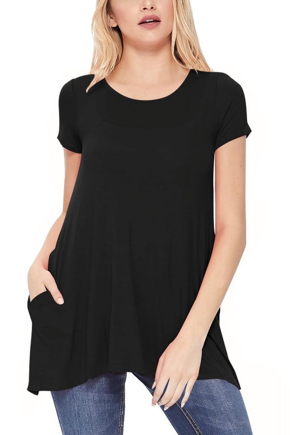 Women's A-Line Short Sleeve Relaxed Fit Round Neck Solid Tunic Top with Pockets