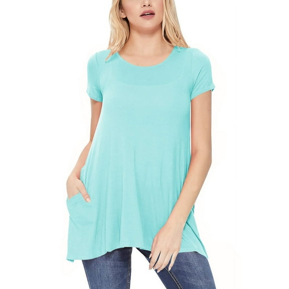 Women's A-Line Short Sleeve Relaxed Fit Round Neck Solid Tunic Top with Pockets