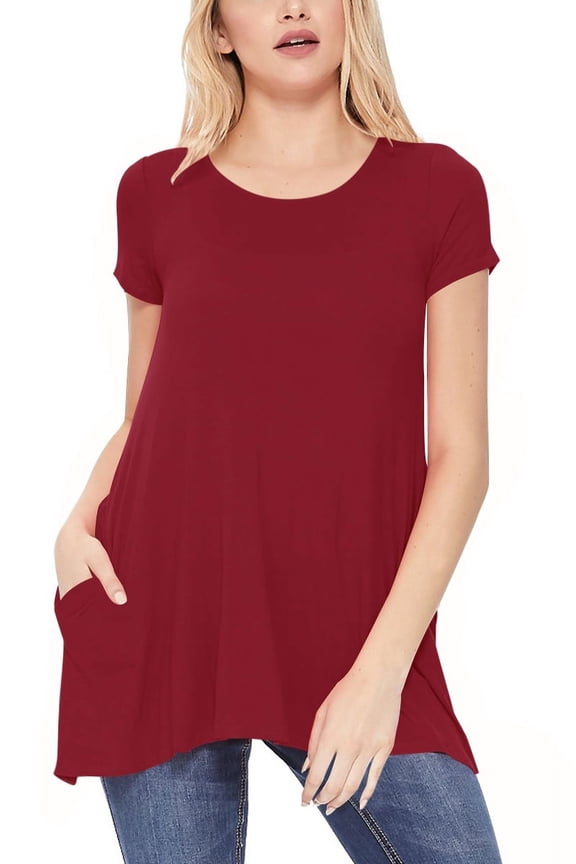Women's A-Line Short Sleeve Relaxed Fit Round Neck Solid Tunic Top with Pockets