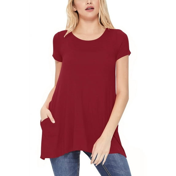 Women's A-Line Short Sleeve Relaxed Fit Round Neck Solid Tunic Top with Pockets