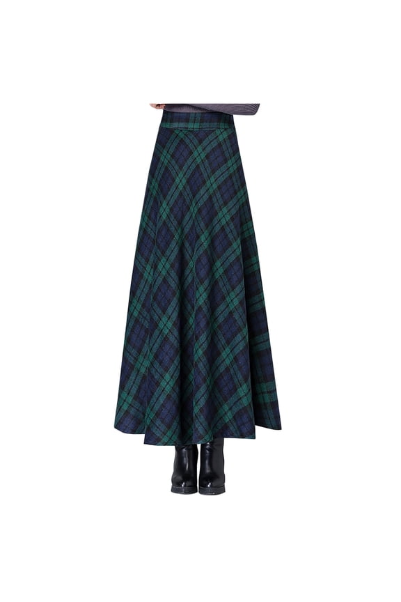 Women's A Line Skirts Elastic Waist Plaid Long Skirt Womens Retro Woolen Plaid Skirt Women's Winter Mid Length High Waisted Skirt