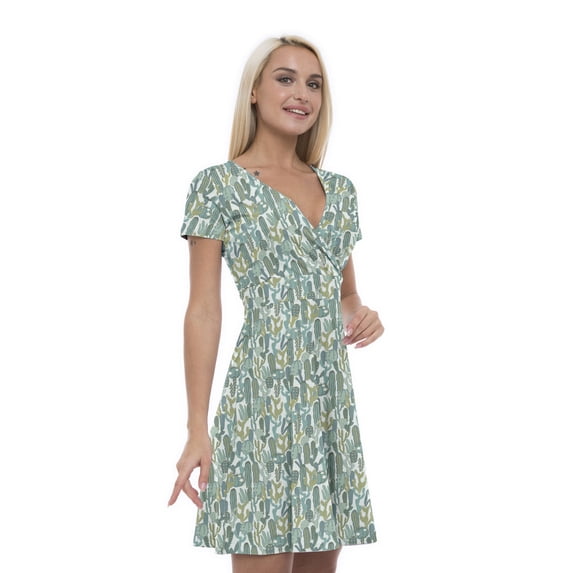 Women’s A Line Succulent Summer Dress, Retro Triangle Arrangement, Cross Wrap V Neck, 6 Sizes, by Ambesonne