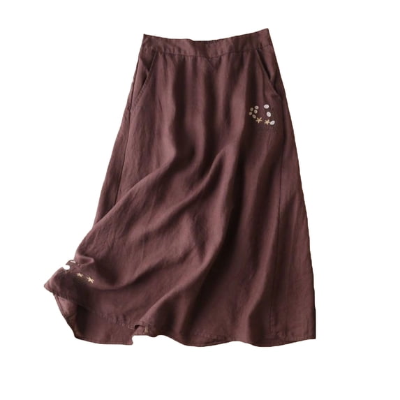 Women's A-Line Summer Embroidered Linen Skirt - Casual Elastic High Waisted Loose Boho Midi Skirts with Pockets