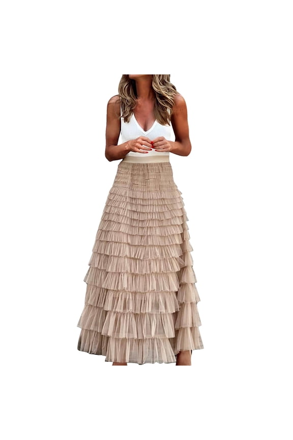 Women's A Line Tulle Party Evening Tutu Skirts Tea Length Pleated Skirt Long Ruffle Mesh Chiffon High Waist Bubble