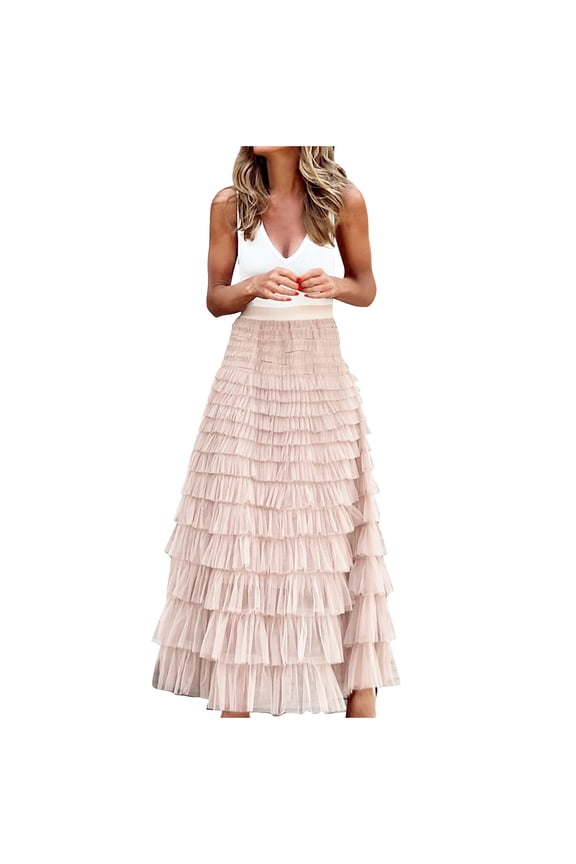 Women's A Line Tulle Party Evening Tutu Skirts Tea Length Pleated Skirt Long Ruffle Mesh Chiffon High Waist Bubble