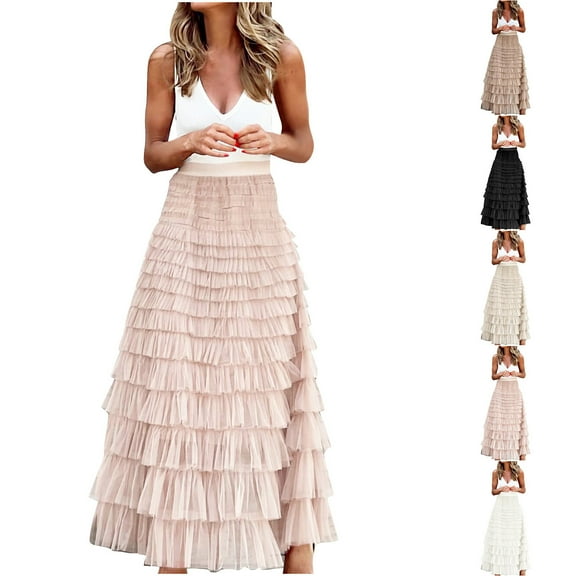 Women's A Line Tulle Party Evening Tutu Skirts Tea Length Pleated Skirt Long Ruffle Mesh Chiffon High Waist Bubble