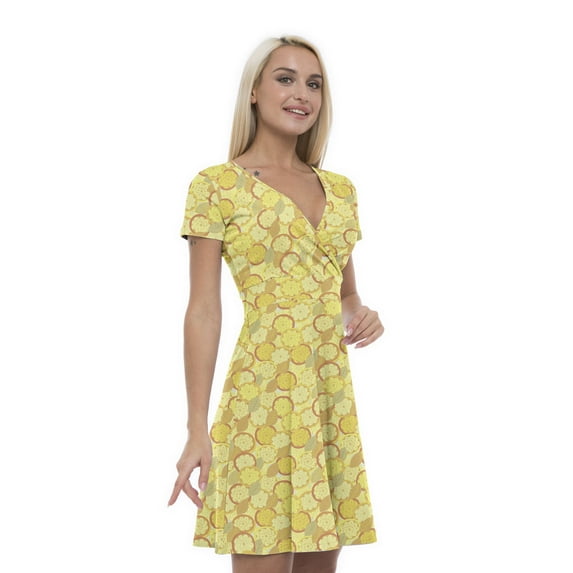 Women’s A Line Yellow and Brown Summer Dress, Retro Triangle Arrangement, Cross Wrap V Neck, 6 Sizes, by Ambesonne