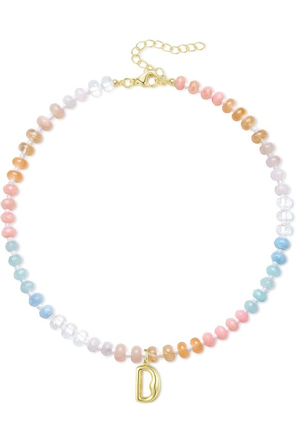 Women's A-Z Alphabet Necklace, Colorful Beaded Gemstone Gold Bubble Letter Pendant Necklace Summer Beach Handmade Jewellery