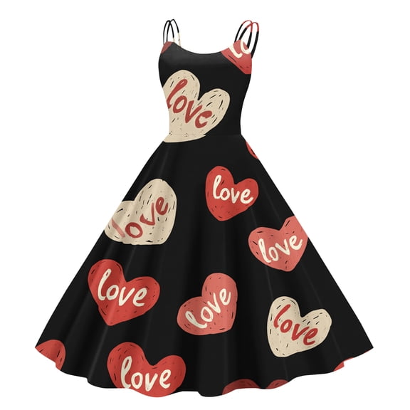 Women's A-line Dress Casual Fashion Valentine's Day Heart Print Off-Shoulder Sleeveless Dress Black XL