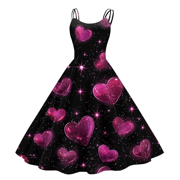 Women's A-line Dress Casual Fashion Valentine's Day Heart Print Off-Shoulder Sleeveless Dress Pink XL
