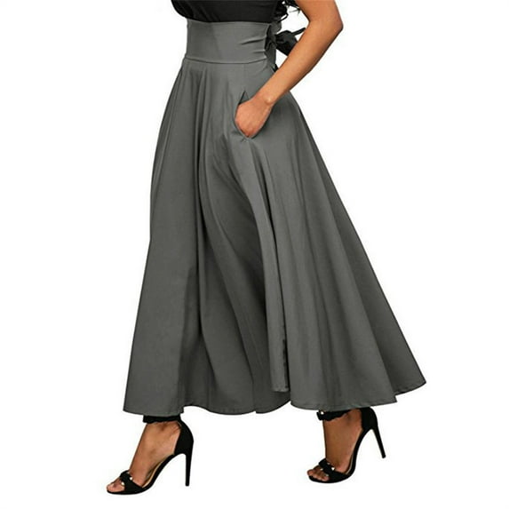 Women's A-line Elegant Plain Stretch High Waist Plain Skater Flared Swing Long Skirt Tie Front Pleated with Pockets Maxi Skirts