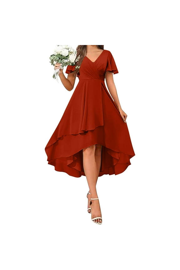 Women's A-line Mid Length Dress V Neck Ruffle Sleeves Pleated High Low Formal Dresses Simple Basic Solid Dress