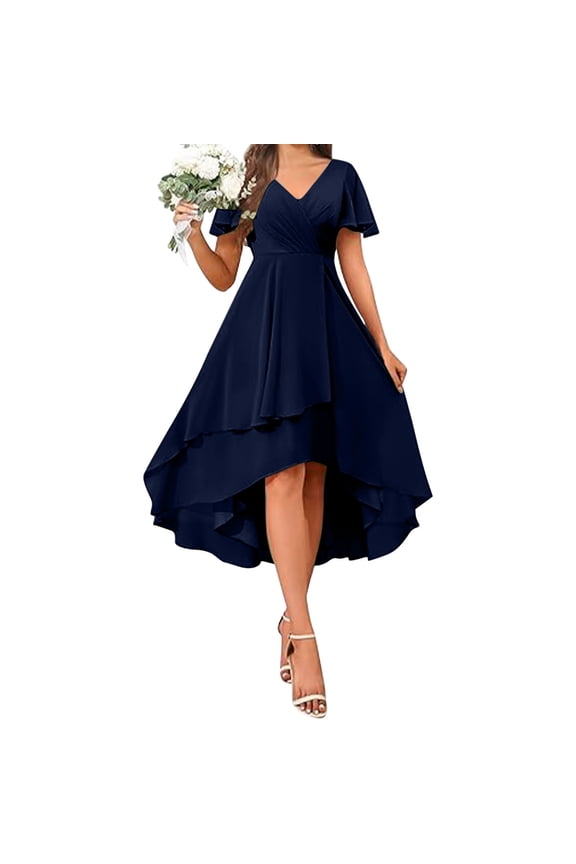 Women's A-line Mid Length Dress V Neck Ruffle Sleeves Pleated High Low Formal Dresses Simple Basic Solid Dress