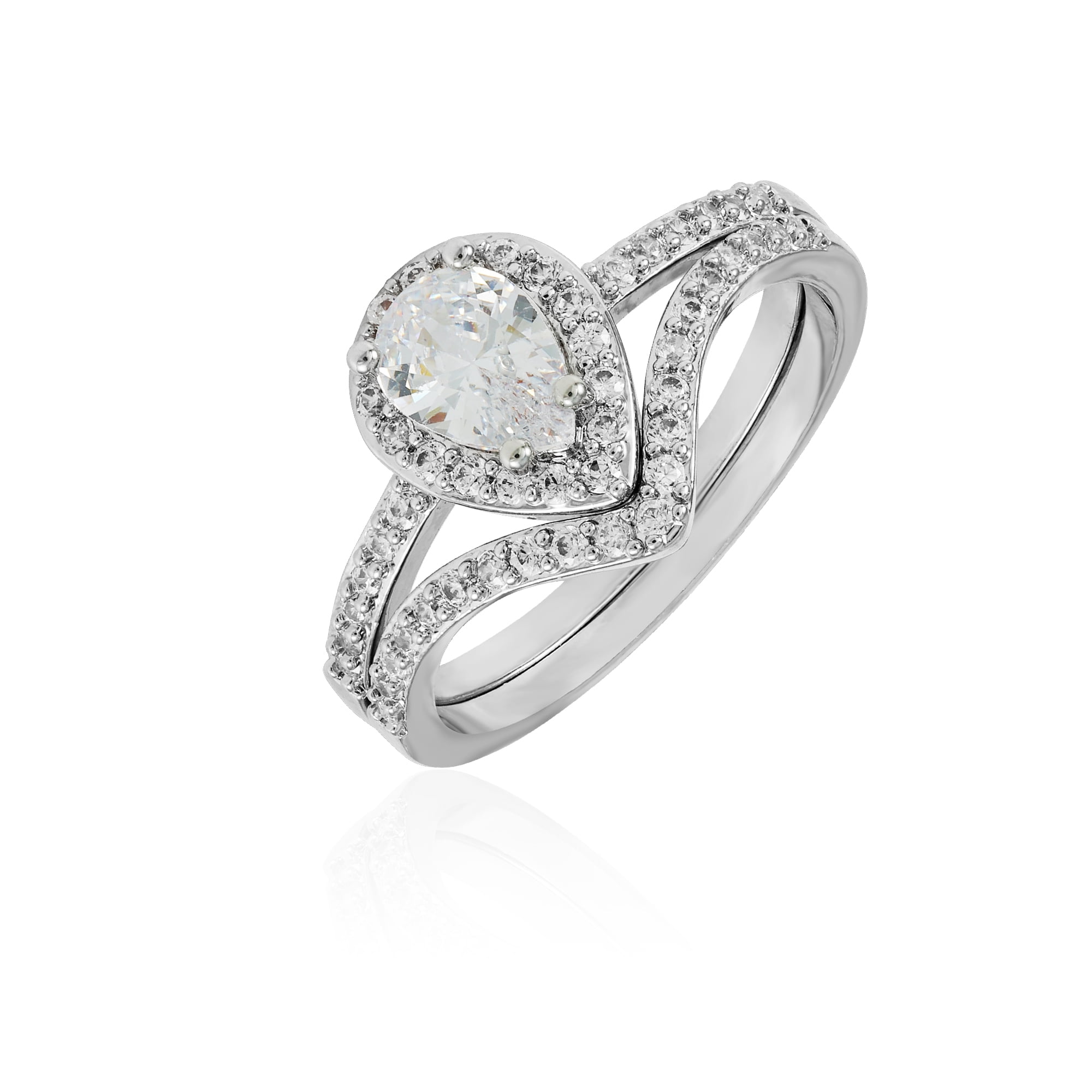 Women's AAA Cubic Zirconia Teardrop Stone Wedding Ring Set in Fine Silver Plate. Size 7