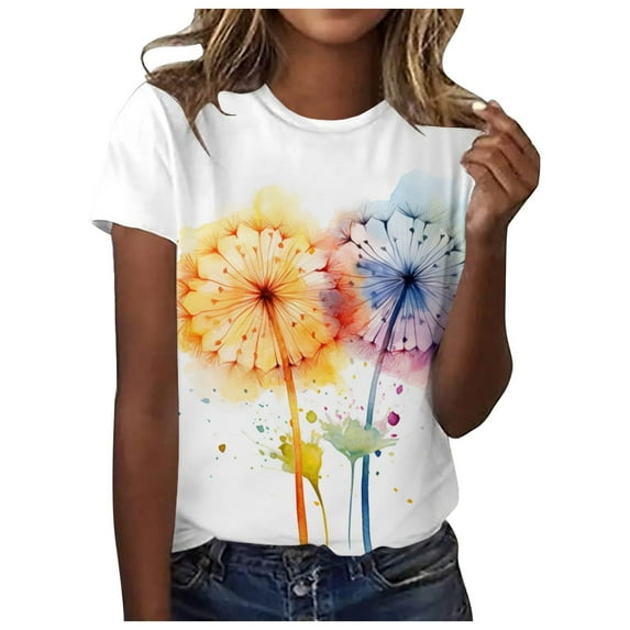 Women's AB Print Round Neck Short Sleeve T-Shirt Casual Comfortable Soft Breathable Fashion Top for Daily Wear