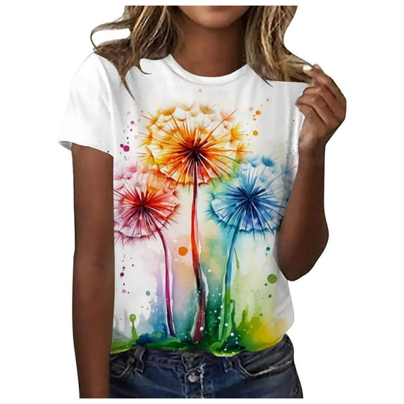 Women's AB Print Round Neck Short Sleeve T-Shirt Casual Comfortable Soft Breathable Fashion Top for Daily Wear