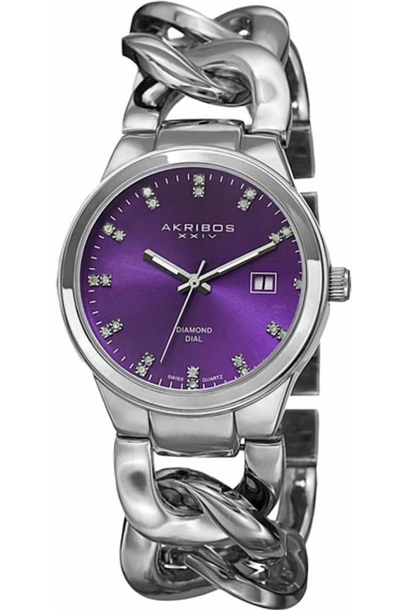 Women's AK759SSPU Swiss Quartz Movement Watch with Purple Sunburst Effect Dial and Silver Twist Chain Bracelet