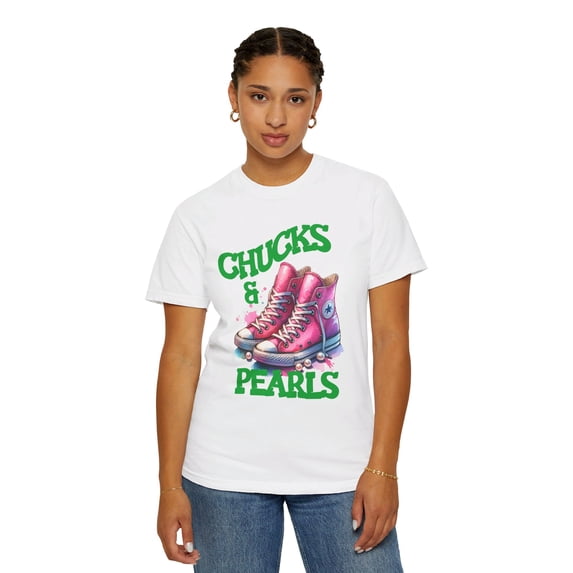 Women's AKA Pink and Green Chucks and Pearls Comfort Colors Shirt