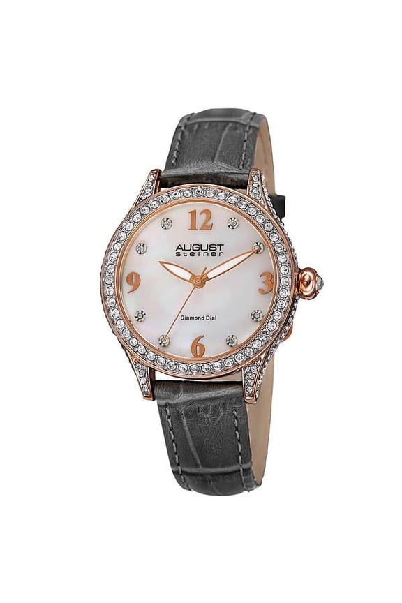 Women's AS8188GY Rose Gold Crystal Accented Quartz Watch with White Mother of Pearl Dial and Gray Embossed Leather Bracelet