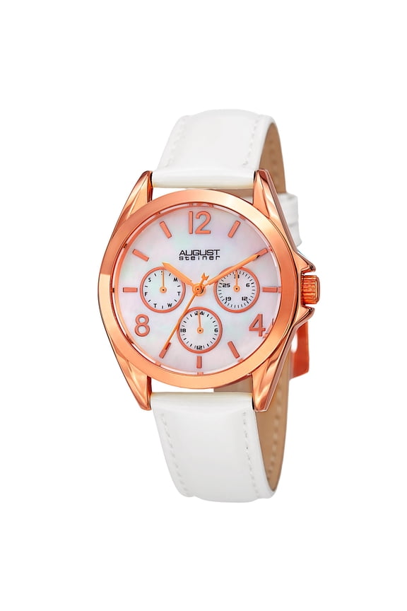 Women's AS8191WTR Rose Gold Multifunction Crystal Accented Quartz Watch with White Mother of Pearl Dial and White Strap