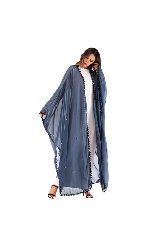Women's Abaya Coat Fashion Lace-up Patchwork Loose Coat Lace Beaded Stitching Long Sleeve Cardigan Gown-Free Size (As Shown)