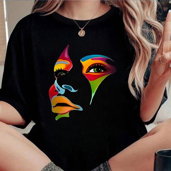Women's Abstract Face Graphic Tee, Casual Short Sleeve T-Shirt Tops, Vibrant Colors Fashion for Summer Daily Wear,Funny,cotton,black,S-5XL