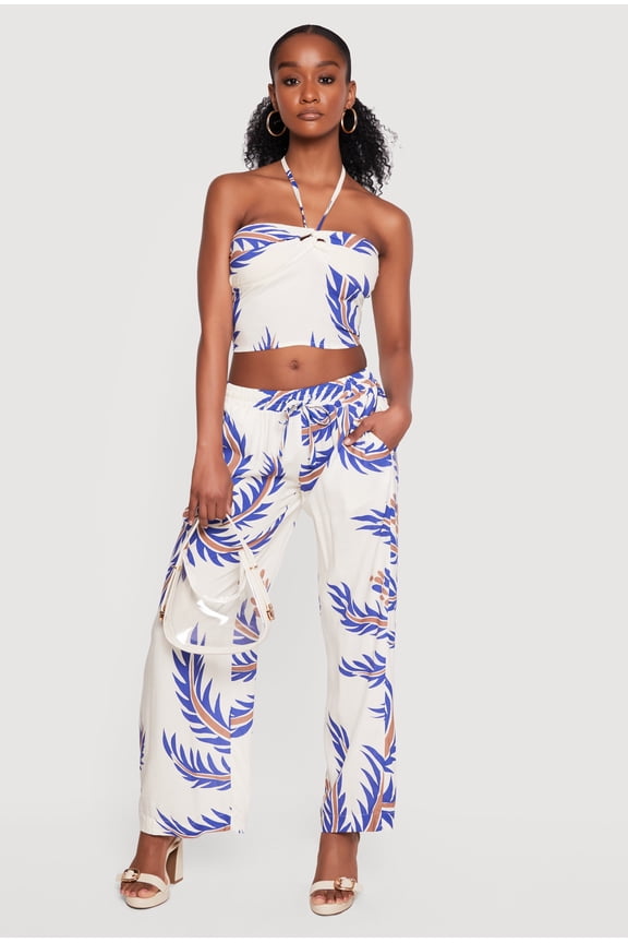 Women's Abstract Palm Leaf Print Wide Leg Pants