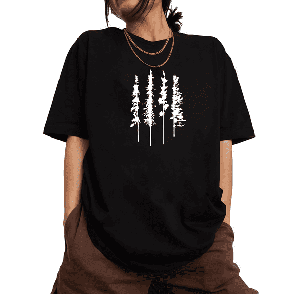 Women's Abstract Pine Tree Graphic Cotton T Shirt Casual Breathable Short Sleeve Round Neck Top Black S-5XL