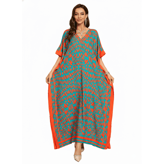Women's Abstract Print Kaftan Dress V-Neck Long Sleeve Maxi Caftan Loose Fit Lounge Caftan Beach Resort Vacation
