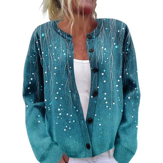 Women's Abstract Print Knit Cardigan Sweater, Crew Neck Button Front Long Sleeve Casual Top for Fall Winter