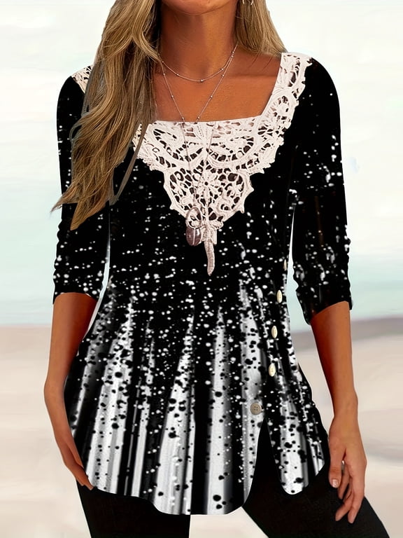 Women's Abstract Print Long Sleeve Lace Square Neck Tunic Top, Black