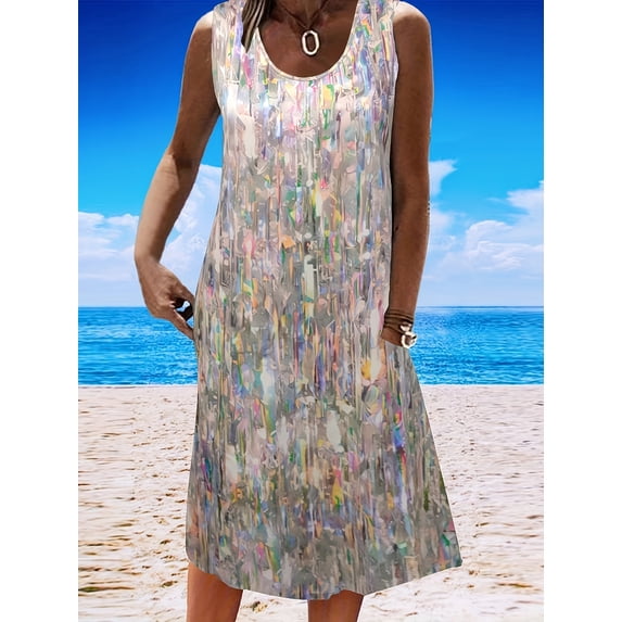 Women's Abstract Print Sleeveless Midi Dress with Pockets