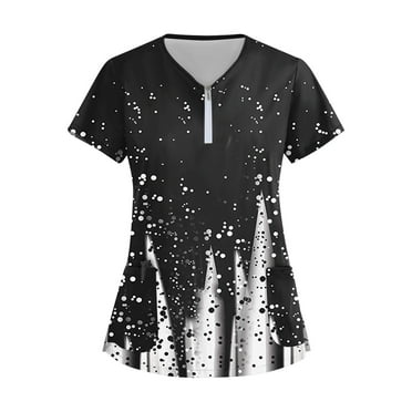 Women's Abstract Print V-Neck Scrub Top with Pockets Short Sleeve Medical Uniform for Nurses and Healthcare Professionals